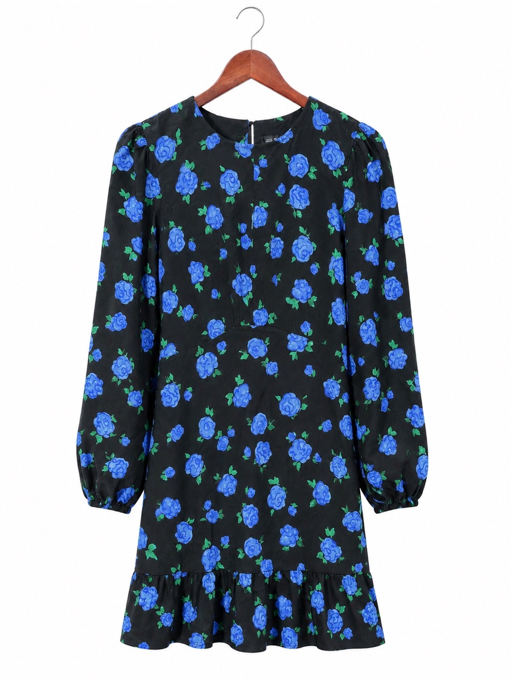 Nobody’s Child. Black Long-Sleeve Floral Mini Dress with Blue Roses